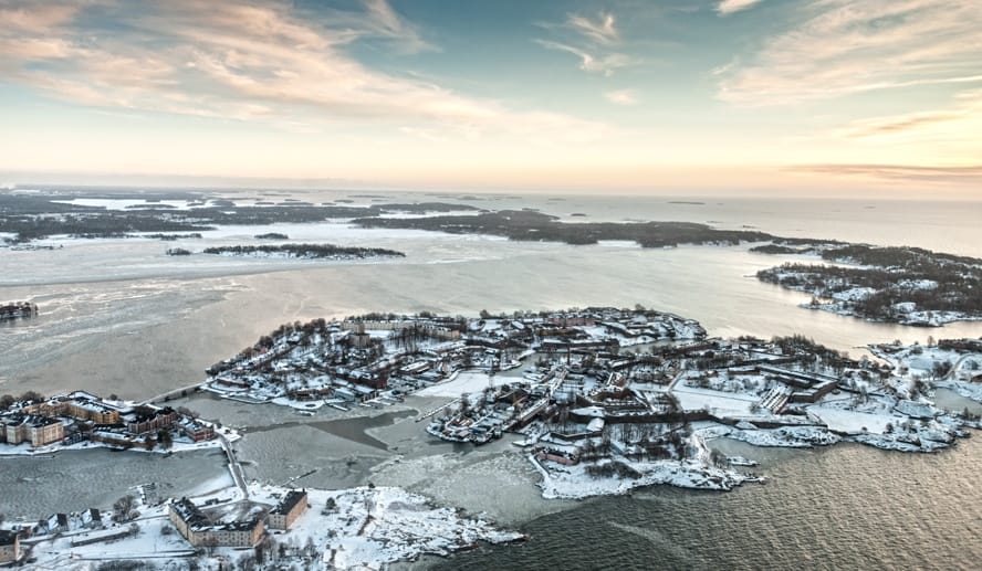 suomenlinna from helicopter winter