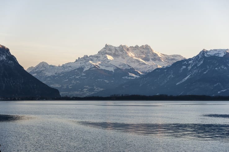 mountains lake geneva sunset