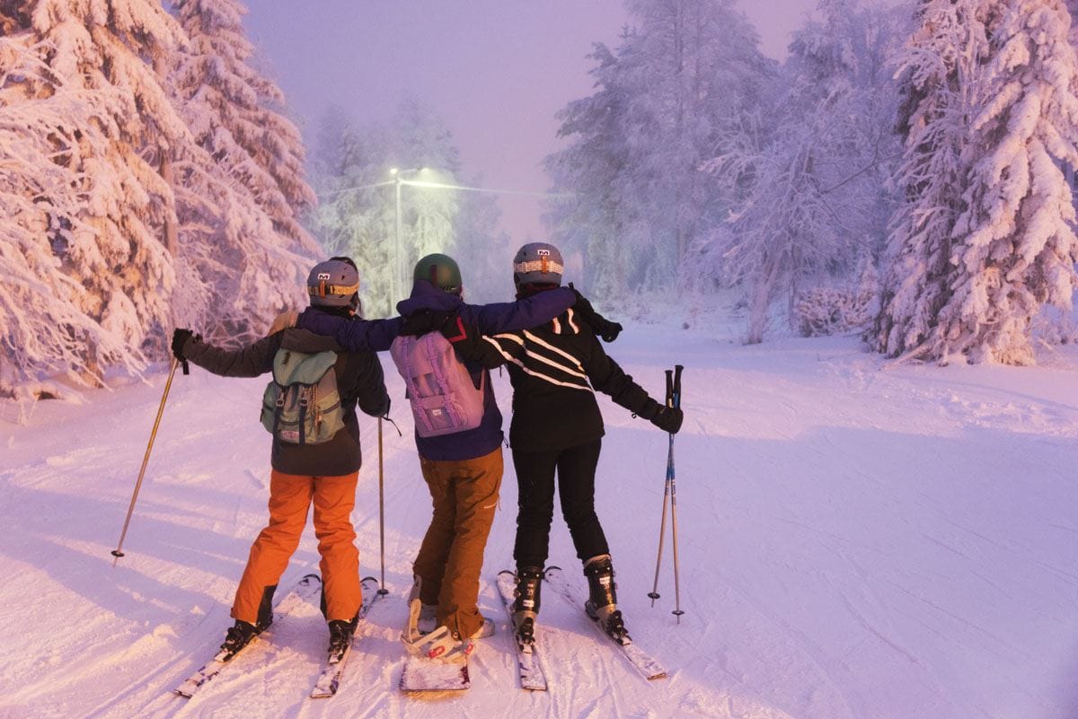 skiing sunset pink finland