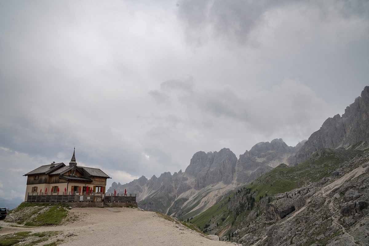 dolomites mountain hut clouds